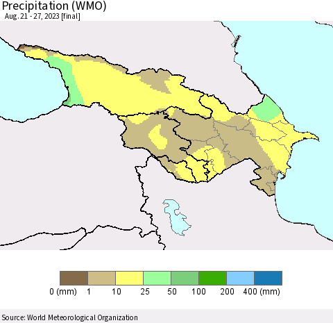 Azerbaijan, Armenia and Georgia Precipitation (WMO) Thematic Map For 8/21/2023 - 8/27/2023