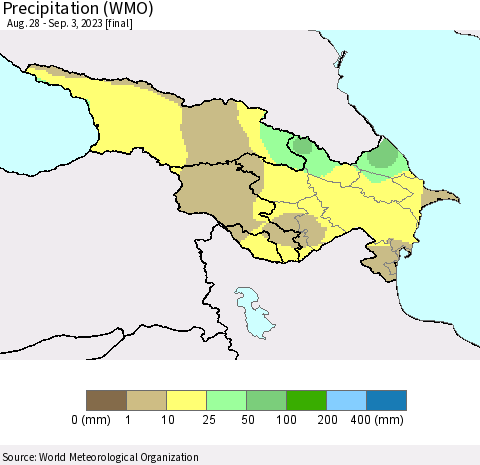 Azerbaijan, Armenia and Georgia Precipitation (WMO) Thematic Map For 8/28/2023 - 9/3/2023