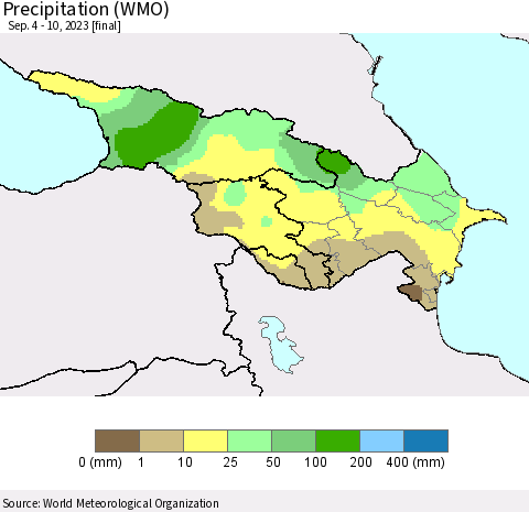 Azerbaijan, Armenia and Georgia Precipitation (WMO) Thematic Map For 9/4/2023 - 9/10/2023