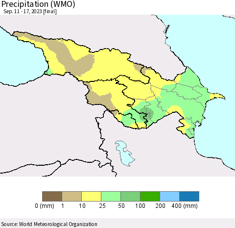 Azerbaijan, Armenia and Georgia Precipitation (WMO) Thematic Map For 9/11/2023 - 9/17/2023