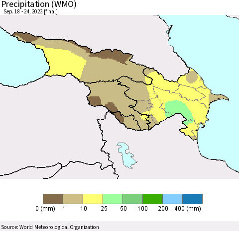 Azerbaijan, Armenia and Georgia Precipitation (WMO) Thematic Map For 9/18/2023 - 9/24/2023