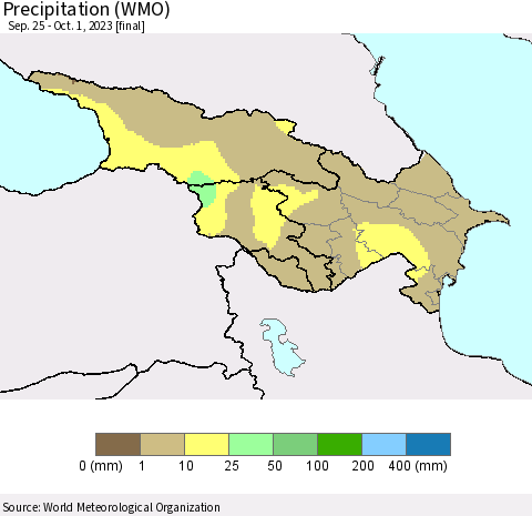 Azerbaijan, Armenia and Georgia Precipitation (WMO) Thematic Map For 9/25/2023 - 10/1/2023