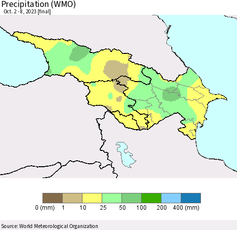 Azerbaijan, Armenia and Georgia Precipitation (WMO) Thematic Map For 10/2/2023 - 10/8/2023