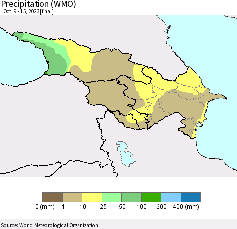 Azerbaijan, Armenia and Georgia Precipitation (WMO) Thematic Map For 10/9/2023 - 10/15/2023