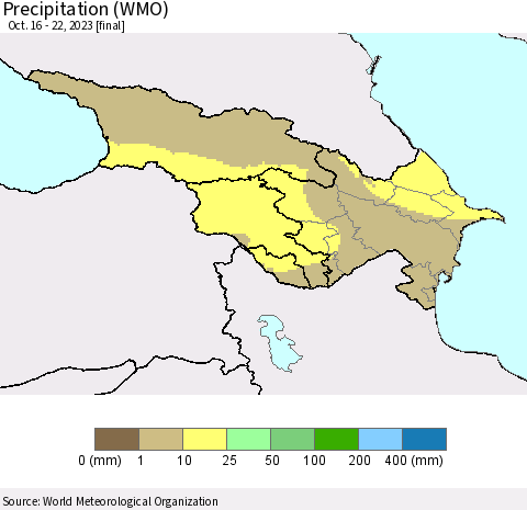 Azerbaijan, Armenia and Georgia Precipitation (WMO) Thematic Map For 10/16/2023 - 10/22/2023