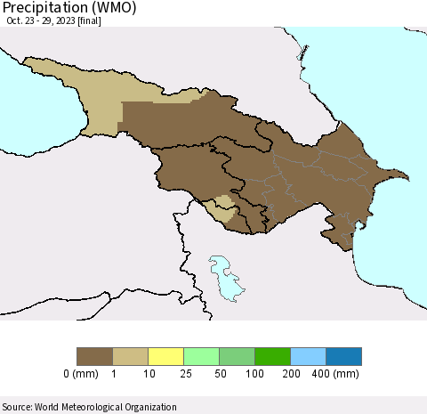Azerbaijan, Armenia and Georgia Precipitation (WMO) Thematic Map For 10/23/2023 - 10/29/2023