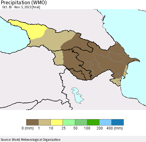 Azerbaijan, Armenia and Georgia Precipitation (WMO) Thematic Map For 10/30/2023 - 11/5/2023