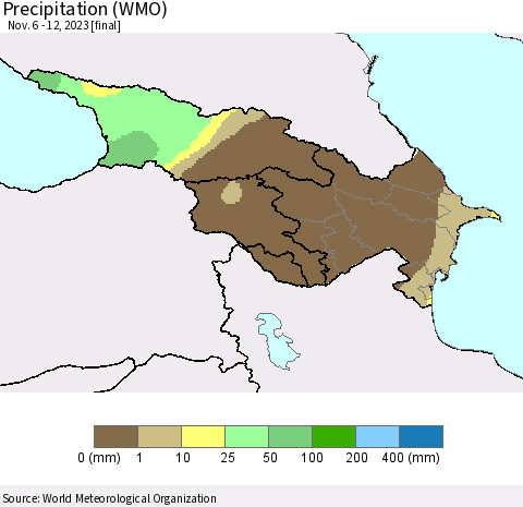 Azerbaijan, Armenia and Georgia Precipitation (WMO) Thematic Map For 11/6/2023 - 11/12/2023