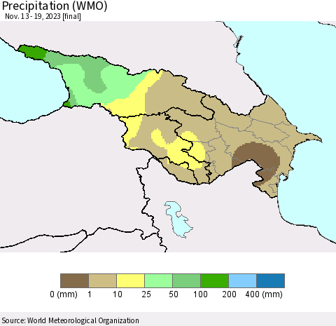 Azerbaijan, Armenia and Georgia Precipitation (WMO) Thematic Map For 11/13/2023 - 11/19/2023