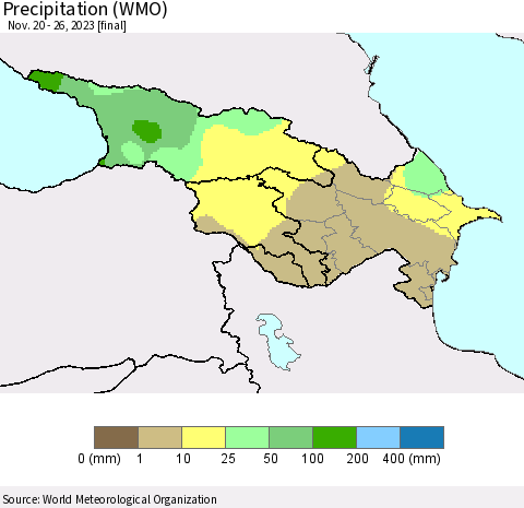 Azerbaijan, Armenia and Georgia Precipitation (WMO) Thematic Map For 11/20/2023 - 11/26/2023