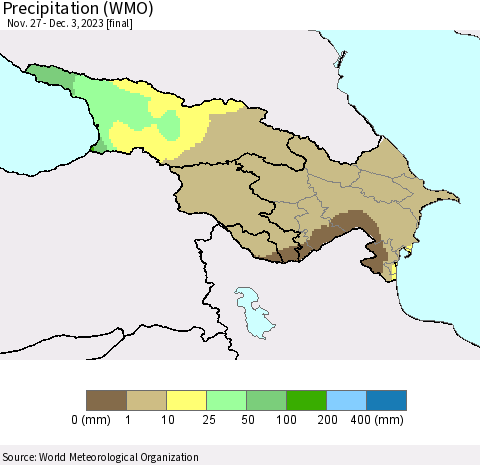 Azerbaijan, Armenia and Georgia Precipitation (WMO) Thematic Map For 11/27/2023 - 12/3/2023