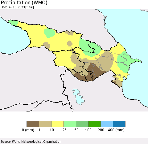 Azerbaijan, Armenia and Georgia Precipitation (WMO) Thematic Map For 12/4/2023 - 12/10/2023