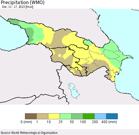 Azerbaijan, Armenia and Georgia Precipitation (WMO) Thematic Map For 12/11/2023 - 12/17/2023