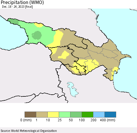 Azerbaijan, Armenia and Georgia Precipitation (WMO) Thematic Map For 12/18/2023 - 12/24/2023