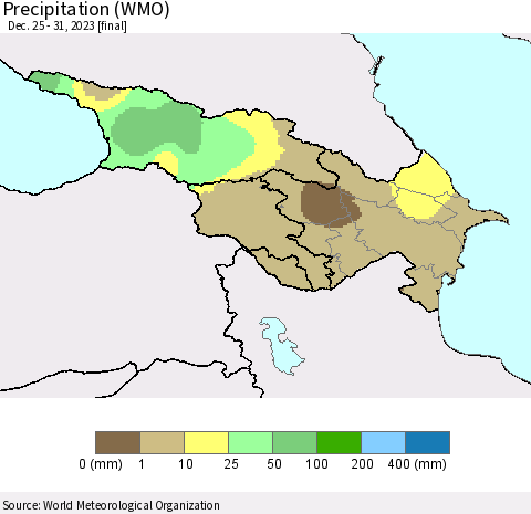 Azerbaijan, Armenia and Georgia Precipitation (WMO) Thematic Map For 12/25/2023 - 12/31/2023