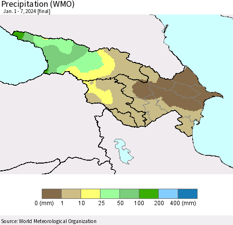 Azerbaijan, Armenia and Georgia Precipitation (WMO) Thematic Map For 1/1/2024 - 1/7/2024