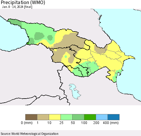 Azerbaijan, Armenia and Georgia Precipitation (WMO) Thematic Map For 1/8/2024 - 1/14/2024