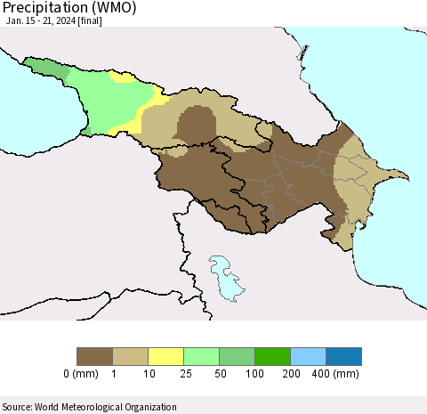 Azerbaijan, Armenia and Georgia Precipitation (WMO) Thematic Map For 1/15/2024 - 1/21/2024