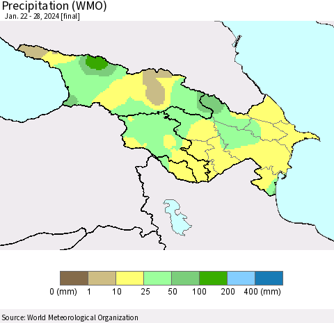 Azerbaijan, Armenia and Georgia Precipitation (WMO) Thematic Map For 1/22/2024 - 1/28/2024