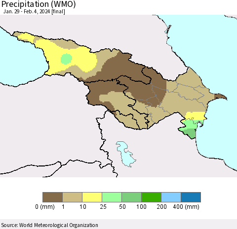 Azerbaijan, Armenia and Georgia Precipitation (WMO) Thematic Map For 1/29/2024 - 2/4/2024
