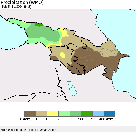 Azerbaijan, Armenia and Georgia Precipitation (WMO) Thematic Map For 2/5/2024 - 2/11/2024