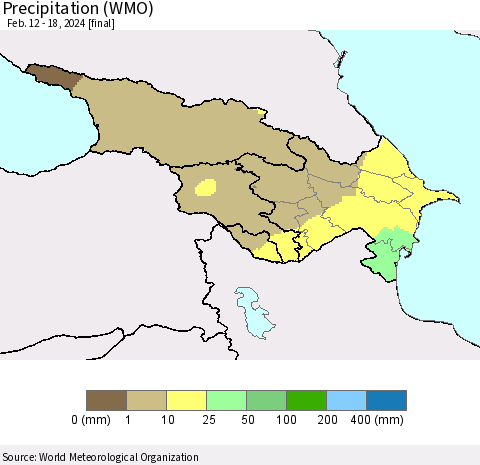 Azerbaijan, Armenia and Georgia Precipitation (WMO) Thematic Map For 2/12/2024 - 2/18/2024