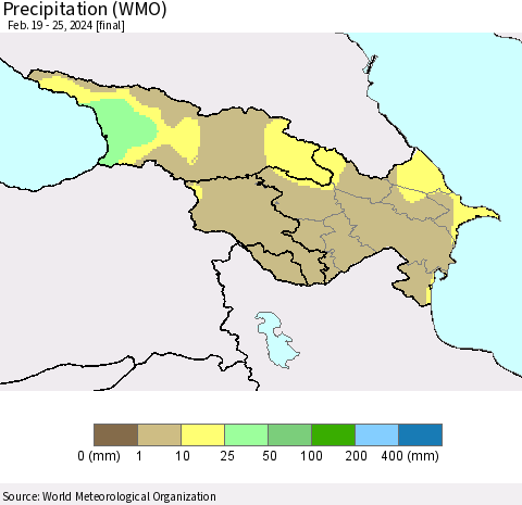 Azerbaijan, Armenia and Georgia Precipitation (WMO) Thematic Map For 2/19/2024 - 2/25/2024