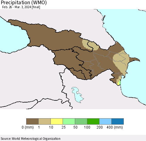 Azerbaijan, Armenia and Georgia Precipitation (WMO) Thematic Map For 2/26/2024 - 3/3/2024