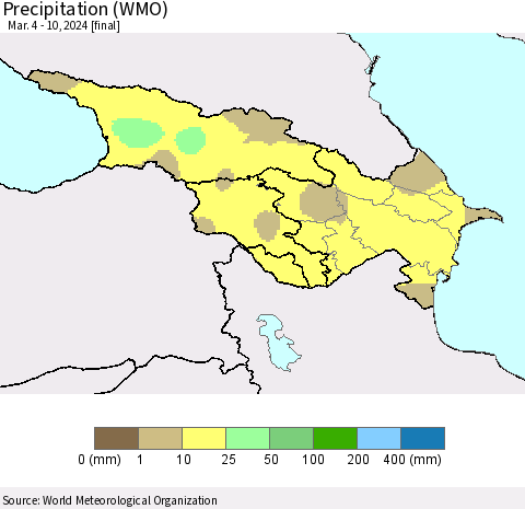 Azerbaijan, Armenia and Georgia Precipitation (WMO) Thematic Map For 3/4/2024 - 3/10/2024