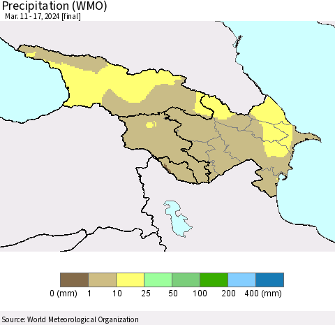 Azerbaijan, Armenia and Georgia Precipitation (WMO) Thematic Map For 3/11/2024 - 3/17/2024