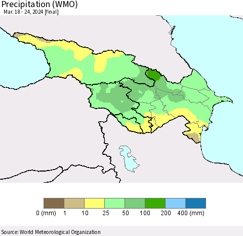 Azerbaijan, Armenia and Georgia Precipitation (WMO) Thematic Map For 3/18/2024 - 3/24/2024