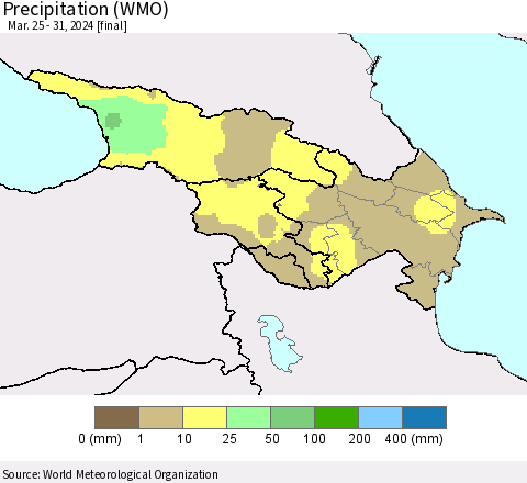 Azerbaijan, Armenia and Georgia Precipitation (WMO) Thematic Map For 3/25/2024 - 3/31/2024