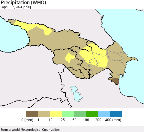 Azerbaijan, Armenia and Georgia Precipitation (WMO) Thematic Map For 4/1/2024 - 4/7/2024
