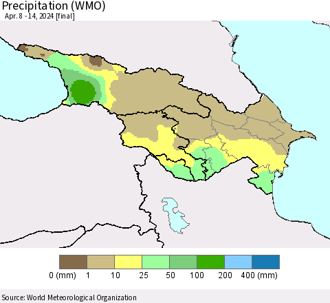 Azerbaijan, Armenia and Georgia Precipitation (WMO) Thematic Map For 4/8/2024 - 4/14/2024
