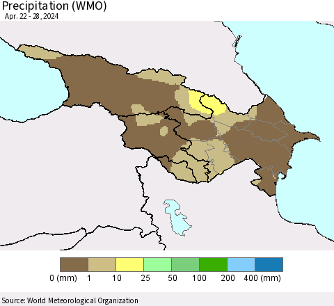 Azerbaijan, Armenia and Georgia Precipitation (WMO) Thematic Map For 4/22/2024 - 4/28/2024