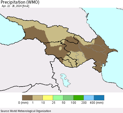 Azerbaijan, Armenia and Georgia Precipitation (WMO) Thematic Map For 4/22/2024 - 4/28/2024