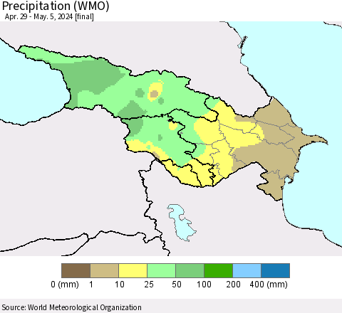 Azerbaijan, Armenia and Georgia Precipitation (WMO) Thematic Map For 4/29/2024 - 5/5/2024