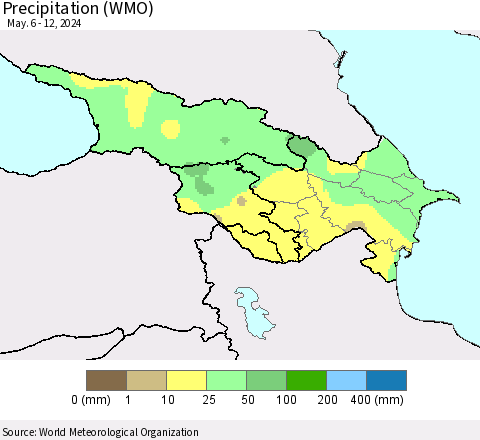 Azerbaijan, Armenia and Georgia Precipitation (WMO) Thematic Map For 5/6/2024 - 5/12/2024