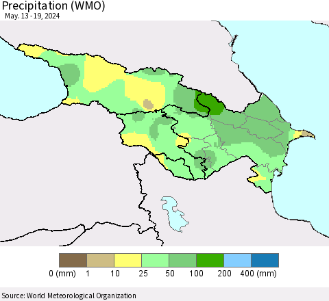 Azerbaijan, Armenia and Georgia Precipitation (WMO) Thematic Map For 5/13/2024 - 5/19/2024