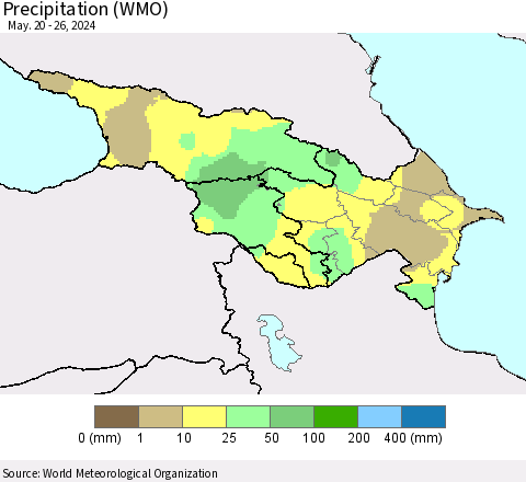 Azerbaijan, Armenia and Georgia Precipitation (WMO) Thematic Map For 5/20/2024 - 5/26/2024