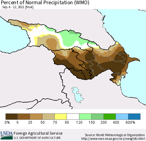 Azerbaijan, Armenia and Georgia Percent of Normal Precipitation (WMO) Thematic Map For 9/6/2021 - 9/12/2021