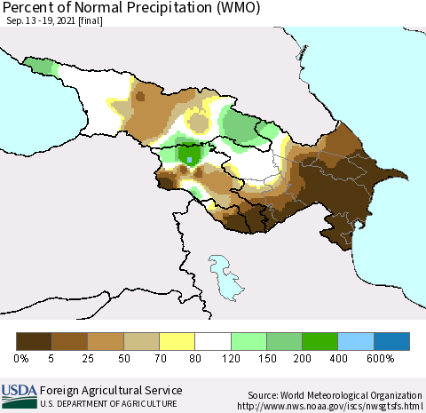 Azerbaijan, Armenia and Georgia Percent of Normal Precipitation (WMO) Thematic Map For 9/13/2021 - 9/19/2021
