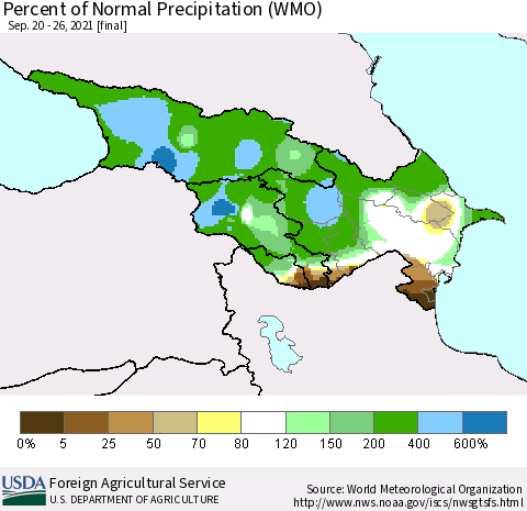Azerbaijan, Armenia and Georgia Percent of Normal Precipitation (WMO) Thematic Map For 9/20/2021 - 9/26/2021
