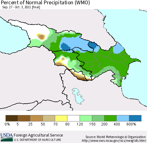 Azerbaijan, Armenia and Georgia Percent of Normal Precipitation (WMO) Thematic Map For 9/27/2021 - 10/3/2021