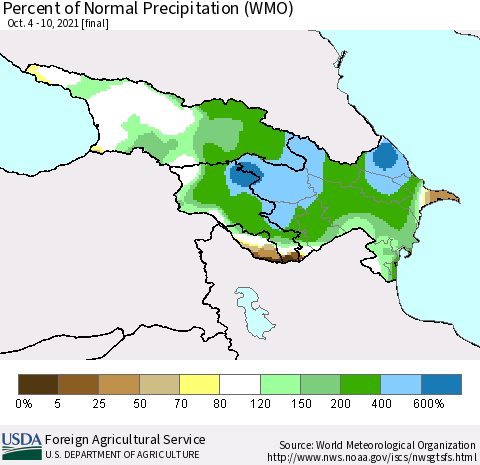 Azerbaijan, Armenia and Georgia Percent of Normal Precipitation (WMO) Thematic Map For 10/4/2021 - 10/10/2021
