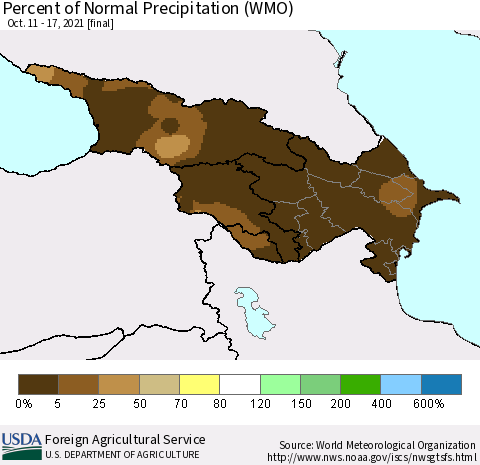 Azerbaijan, Armenia and Georgia Percent of Normal Precipitation (WMO) Thematic Map For 10/11/2021 - 10/17/2021