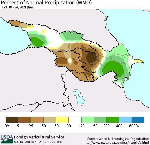 Azerbaijan, Armenia and Georgia Percent of Normal Precipitation (WMO) Thematic Map For 10/18/2021 - 10/24/2021