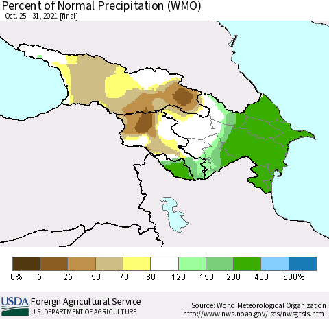 Azerbaijan, Armenia and Georgia Percent of Normal Precipitation (WMO) Thematic Map For 10/25/2021 - 10/31/2021