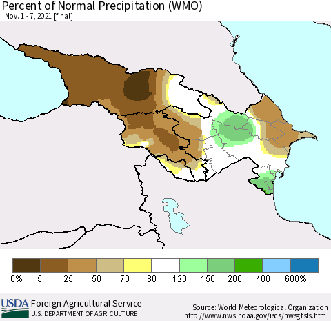 Azerbaijan, Armenia and Georgia Percent of Normal Precipitation (WMO) Thematic Map For 11/1/2021 - 11/7/2021