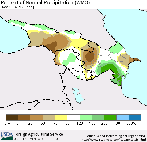 Azerbaijan, Armenia and Georgia Percent of Normal Precipitation (WMO) Thematic Map For 11/8/2021 - 11/14/2021